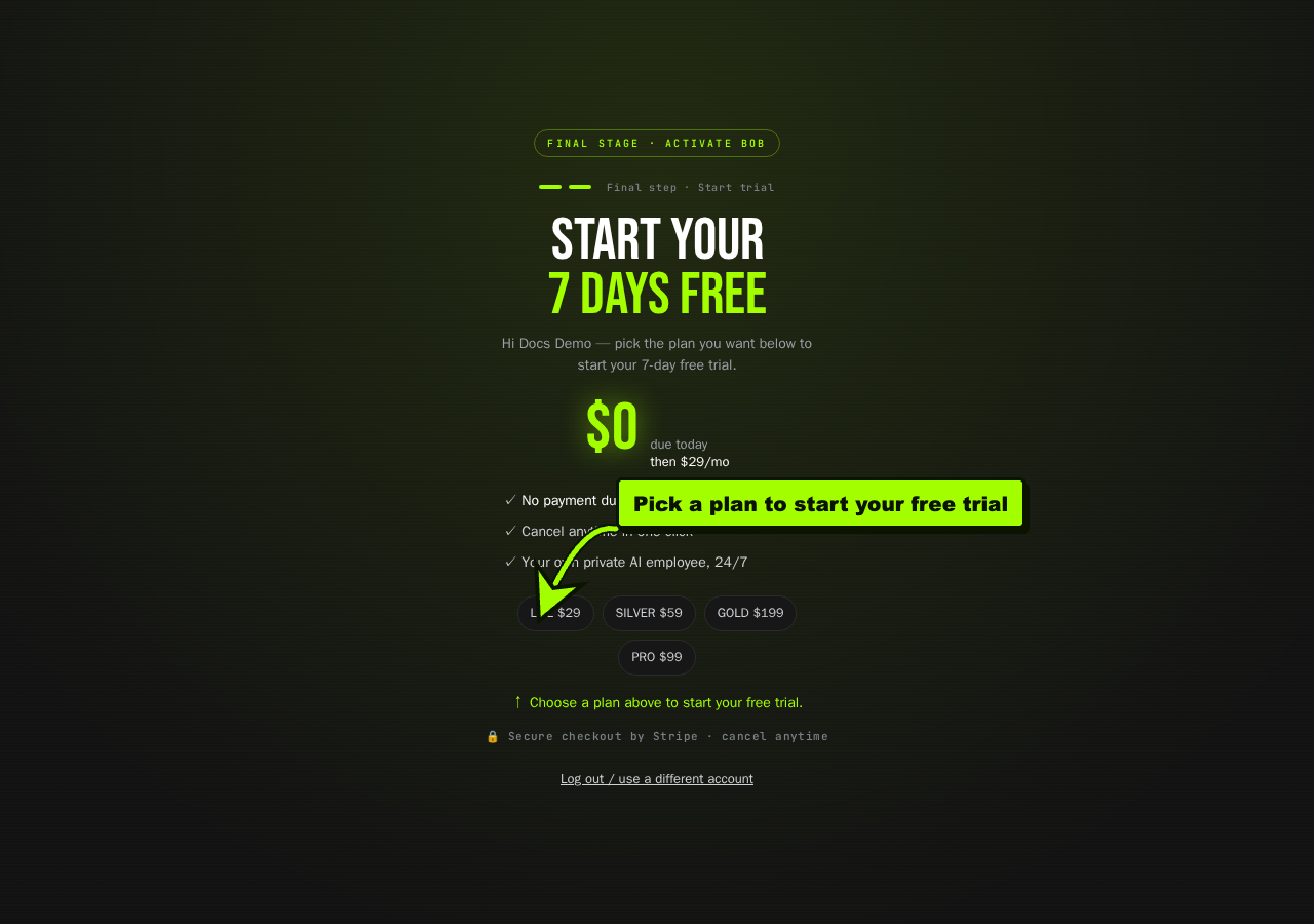 The “Start your 7 days free” screen with the Lite, Silver, Gold, and Pro plans. A lime arrow points to the plan cards.