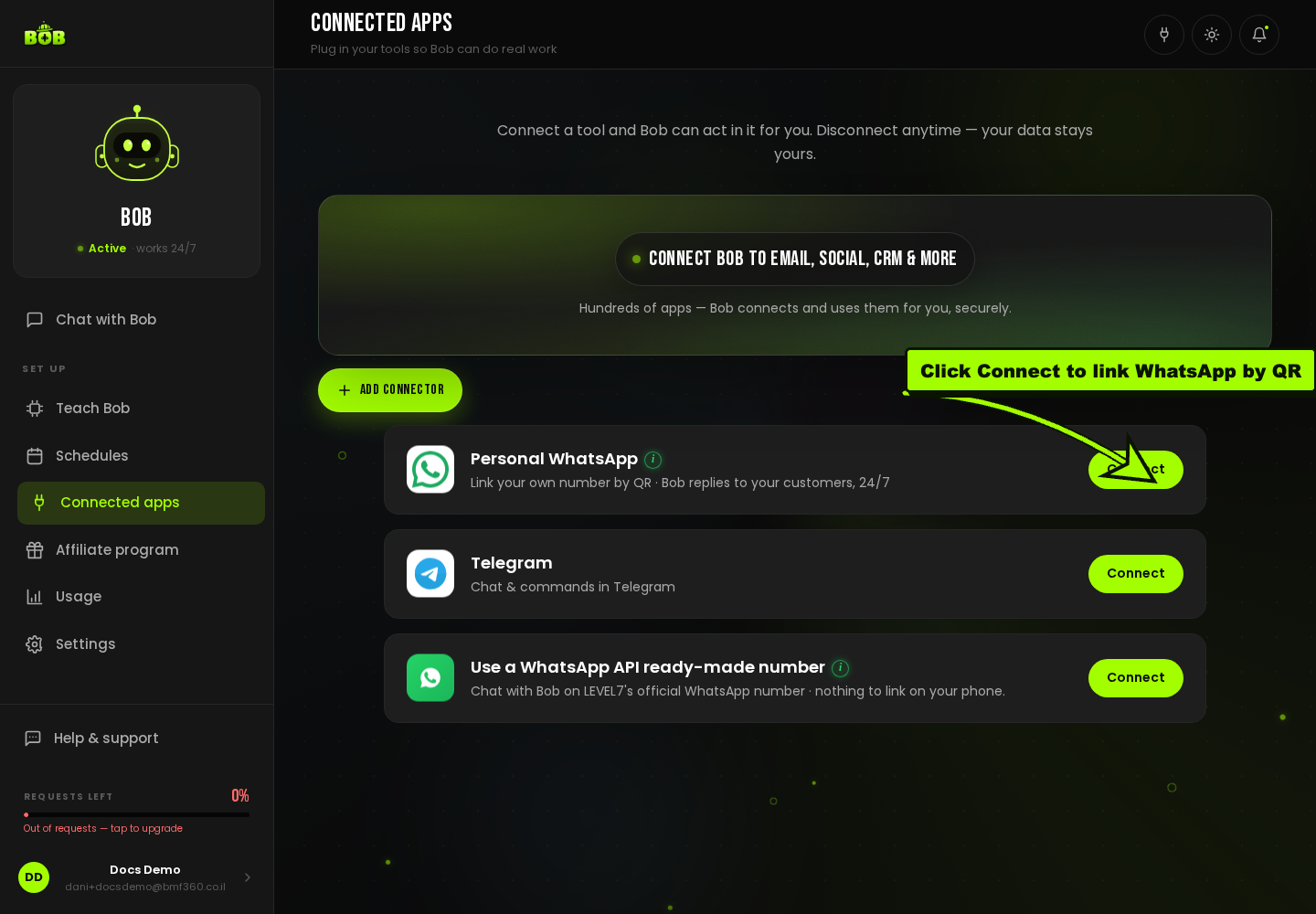 The “Connected apps” page, showing three connection options: Personal WhatsApp (“Link your own number by QR”), Telegram, and “Use a WhatsApp API ready-made number” (LEVEL7’s official number), each with a Connect button. A lime arrow points to the Personal WhatsApp Connect button.
