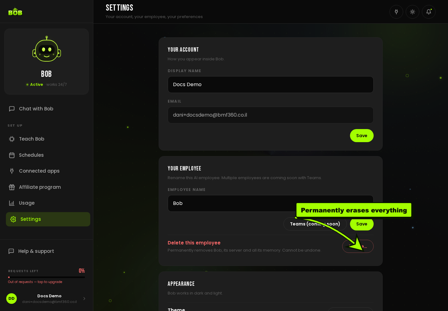 The Settings page, showing “Delete this employee” with a warning that it permanently removes Bob, its server, and all its memory.