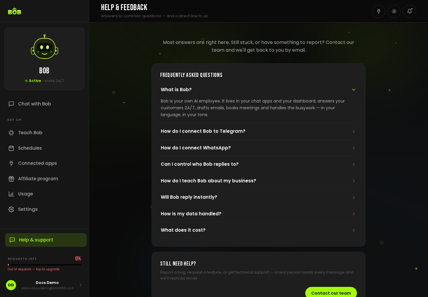 The “Help & Feedback” page inside BOB, with a list of frequently asked questions and a “Contact our team” button.