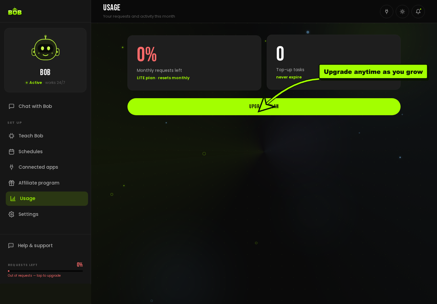 The Usage page, showing “Monthly requests left” for the current plan and an “Upgrade plan” button.
