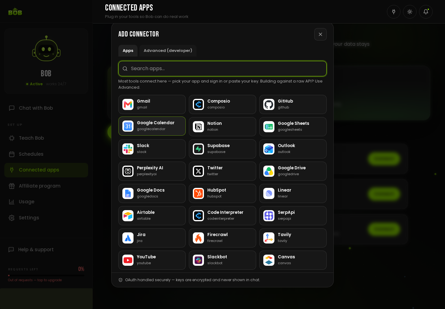 The “Add Connector” dialog, showing the Apps tab with a search box and a grid of real pre-built connections: Gmail, Composio, GitHub, Google Calendar, Notion, Google Sheets, Slack, Supabase, Outlook, and more.