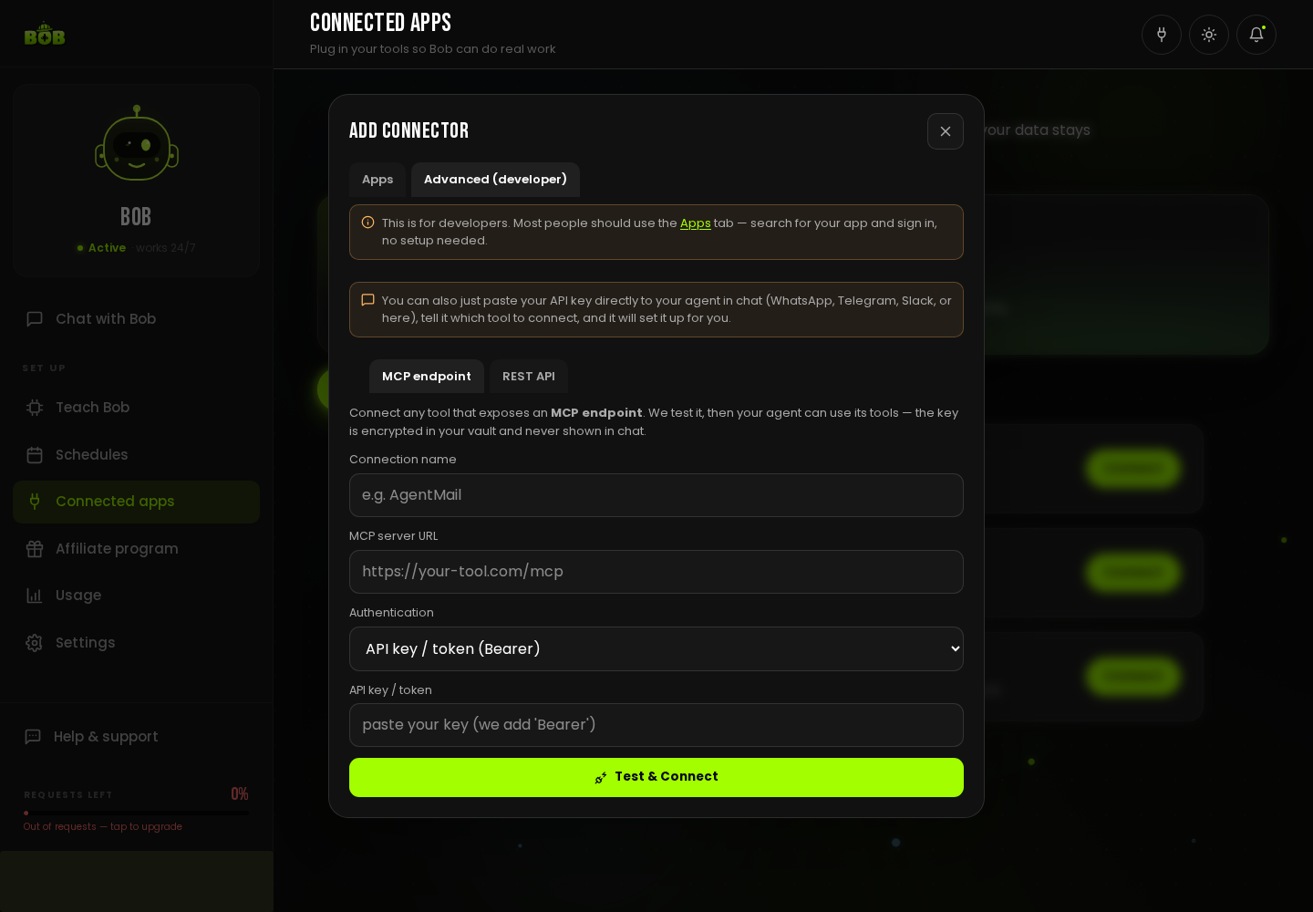 The Advanced “MCP endpoint” connector form: connection name, MCP server URL, an authentication method dropdown, and a “Test & Connect” button.