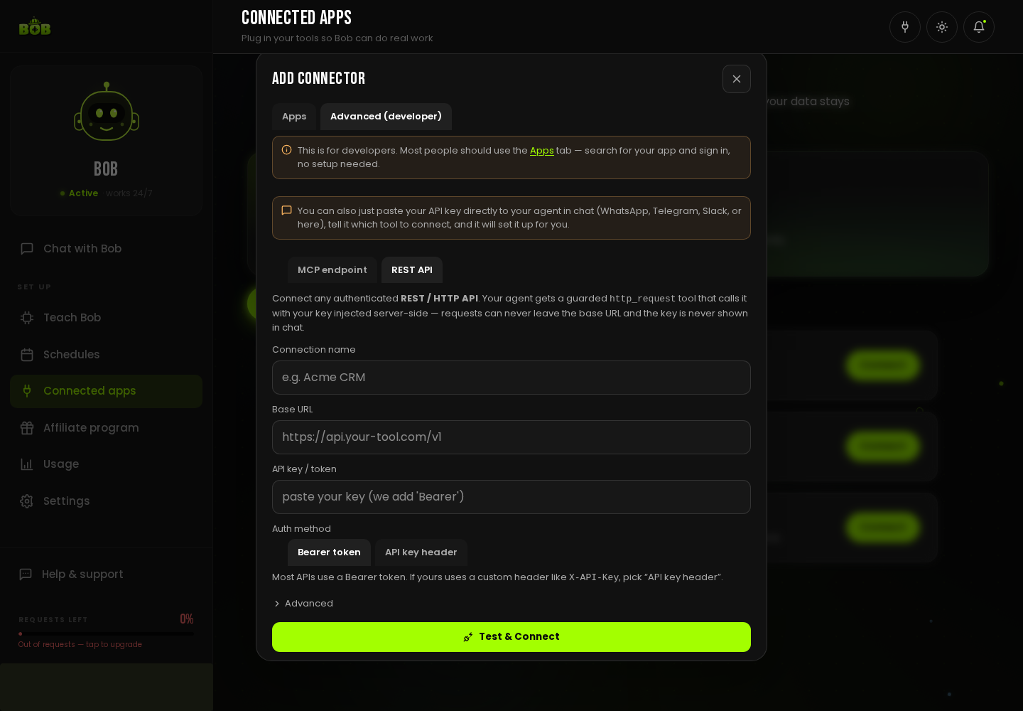 The Advanced “REST API” connector form: connection name, base URL, API key, and a Bearer token / API key header choice, with a “Test & Connect” button.