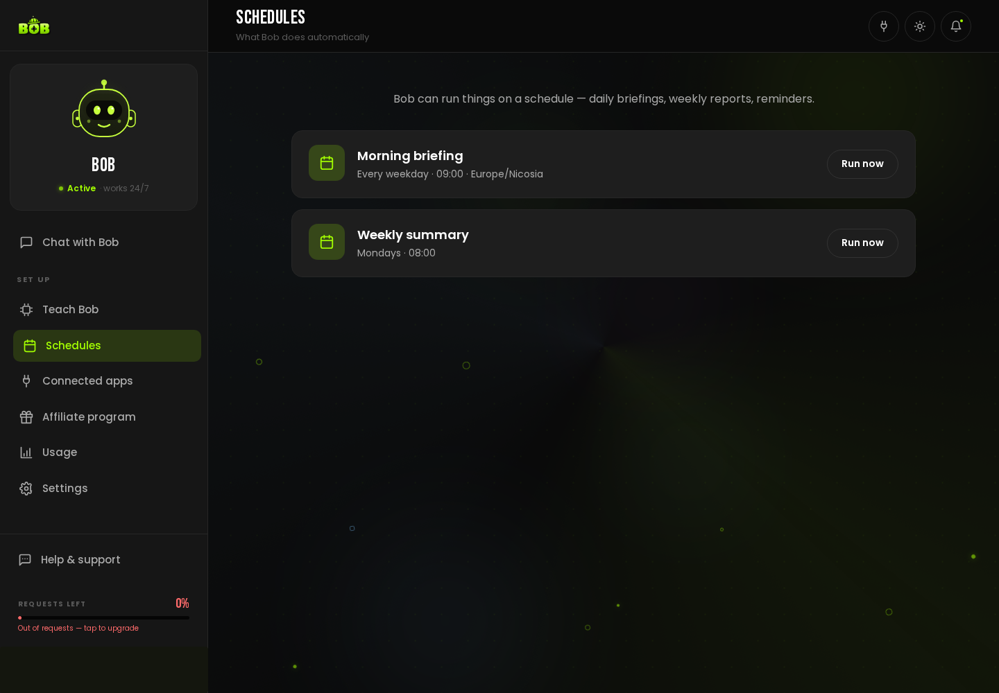 The Schedules page, showing the “Weekly summary” schedule (Mondays, 08) alongside the daily “Morning briefing,” each with a “Run now” button.